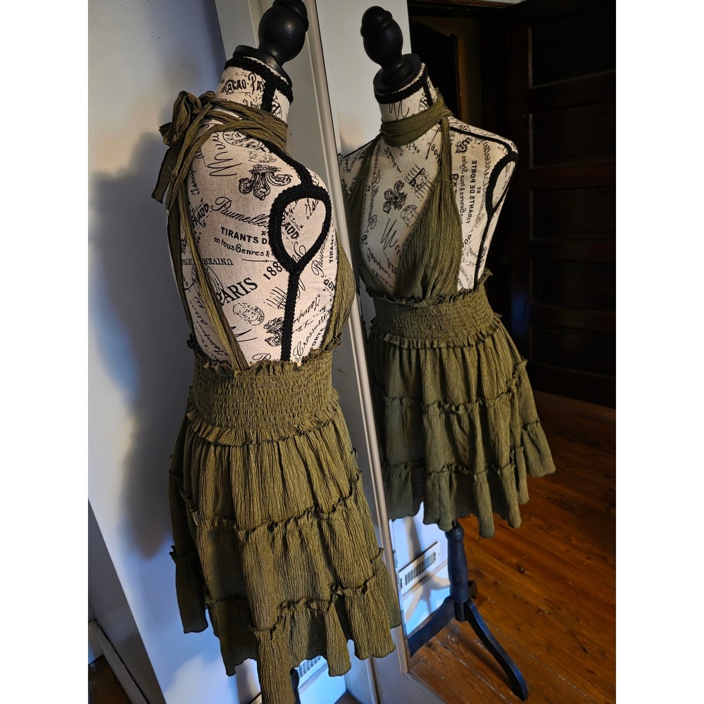 Olive Green Halter Mini Dress Tiered Ruffle Smocked Waist Crinkle Boho Sun Dress - Picture 2 of 3